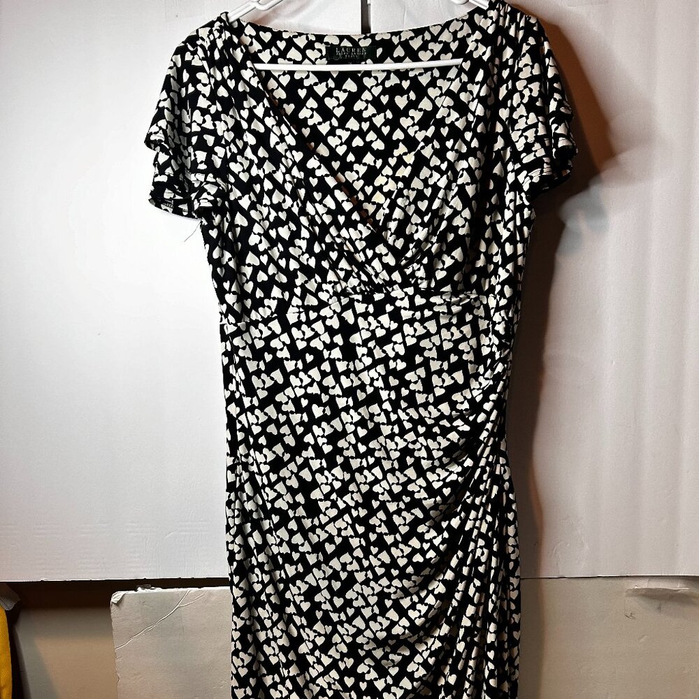 Lauren Ralph Lauren black wrap‎ dress with white hearts. Size 14. EUC.